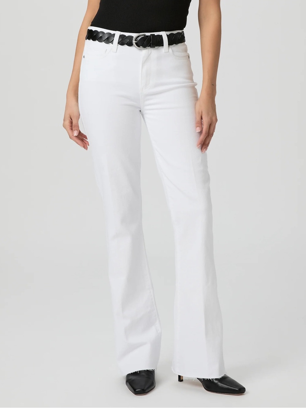 Paige White High Rise Laurel Canyon Raw Hem Bootcut Jeans